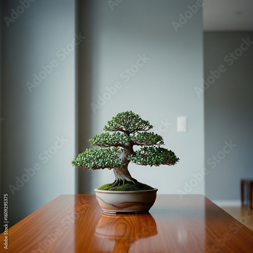 A small bonsai tree in a rustic vase on a polished wooden table, with a minimal light wall in the minimal home background