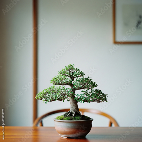 A small bonsai tree in a rustic vase on a polished wooden table, with a minimal light wall in the minimal home background