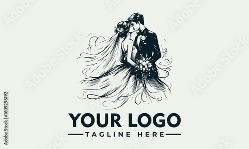Vintage wedding couple logo design, embracing and romantic.