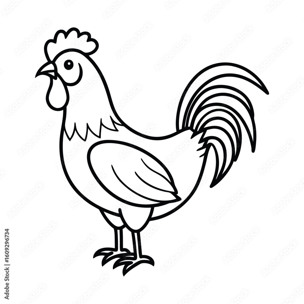 Fototapeta premium Simple black and white cartoon rooster illustration