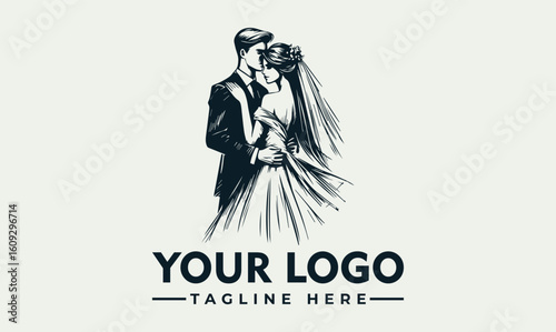 Elegant illustration of a newlywed couple embracing, with a wedding dress and suit.