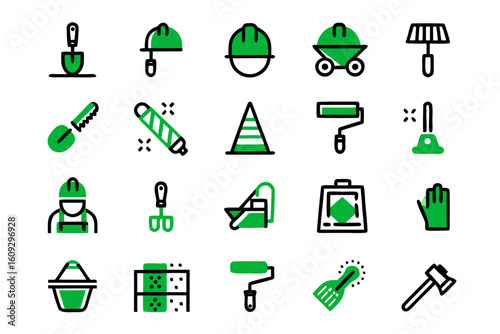 A comprehensive collection of modern line art symbols representing various aspects of building development and infrastructure projects rendered in a clean monochromatic style