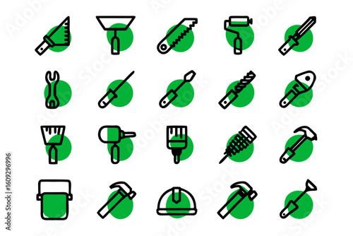 Collection of outline graphics representing various building and repair implements used in the construction industry