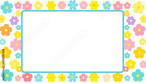 Pastel flower border on a striped background.  A light blue frame surrounds a white space.  Small, colorful flowers decorate the background