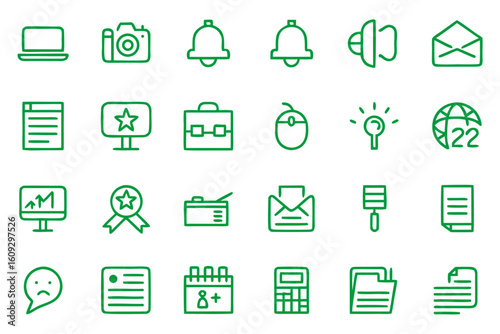 A comprehensive collection of clean modern line art symbols representing various aspects of professional writing content creation and marketing strategies for digital platforms