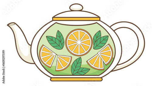 Stylized illustration of a teapot filled with orange slices and mint leaves vector