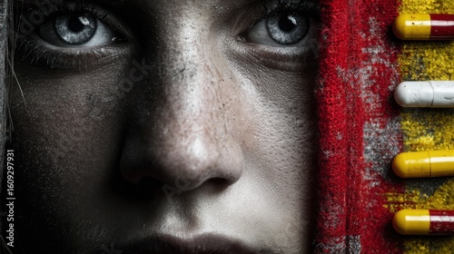 A Close-Up Portrait Depicting the Grim Reality of Illness, Showing a Face Partially Covered by a Rag and a Line of Pills Symbolically Suggesting Medication and Suffering