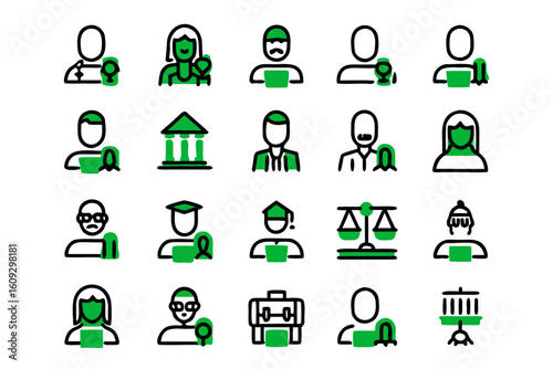 Comprehensive collection of graphic symbols representing courtroom activities and legal proceedings in a vibrant color palette