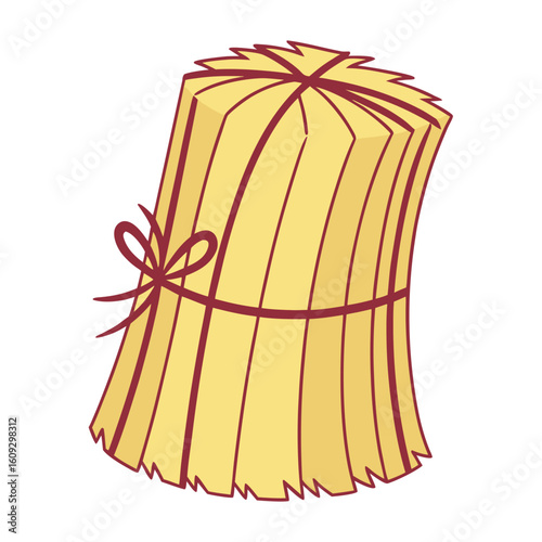 Stylized yellow hay bale with red twine and outline straw agriculture