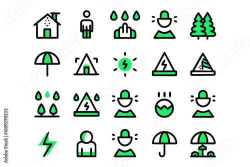 Comprehensive collection of crisis management conceptual symbols presented as clean modern line art for professional use and communication