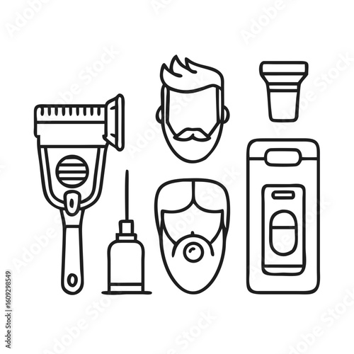 Men's Grooming Icons. Line style icons of men’s grooming: shaving razor, beard trimmer, aftershave bottle, hair wax, barber