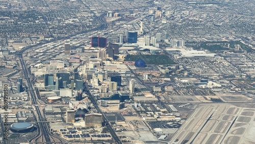 Downtown Las Vegas Nevada in USA Looking Through Window Aerial View Landing.