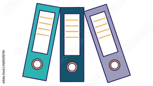 Three minimalist binders in teal dark blue and purple with orange lines file files