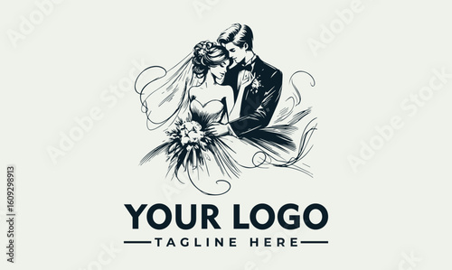 Vintage-style logo featuring a loving couple in wedding attire, symbolizing a wedding or marriage.
