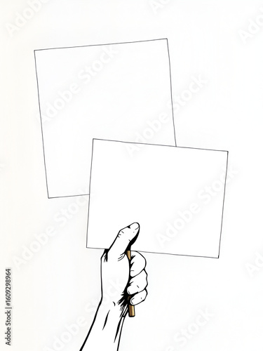 Mixed media hands holding placards. Crumpled paper blank protest or demonstration signs in halftone hand. Banners for activism, empty sign on stick for messages or announcements. isolated vector set.