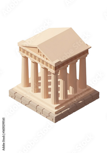Isometric illustration of a simplified, low-poly Parthenon temple with columns and a triangular pediment, rendered in a beige color palette.