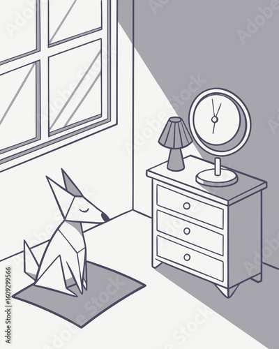 Origami Figure on Nightstand – Serene Bedroom Interior Scene