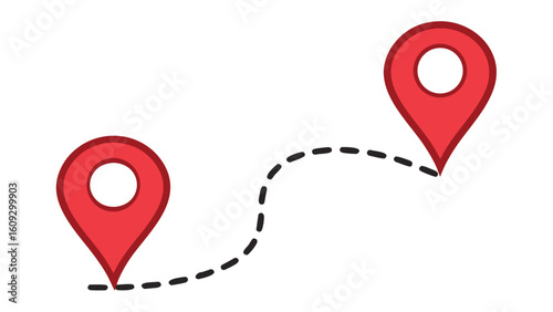 Two red map pins connected by dashed line on white background location marker