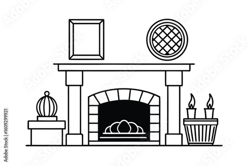 Living Room With Fireplace Art Mantel And Bookshelf