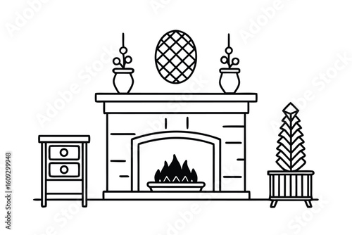 Living Room With Fireplace Art Mantel And Bookshelf