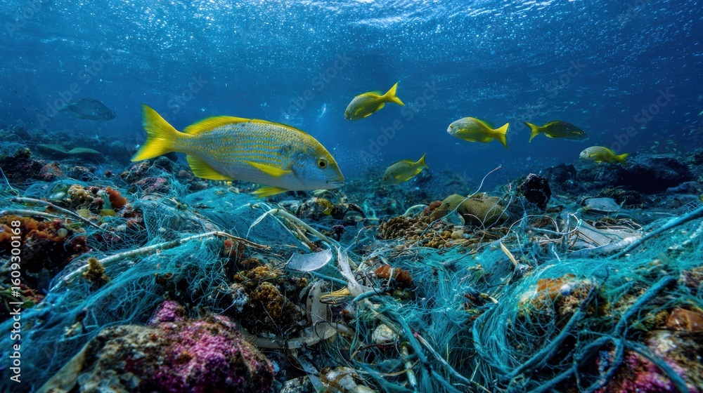 Fototapeta premium Ocean's Cry: Yellow Fish Amidst Plastic Pollution