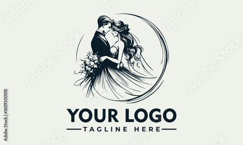 Elegant logo depicting a bride and groom embracing within a circular design, symbolizing love and commitment.