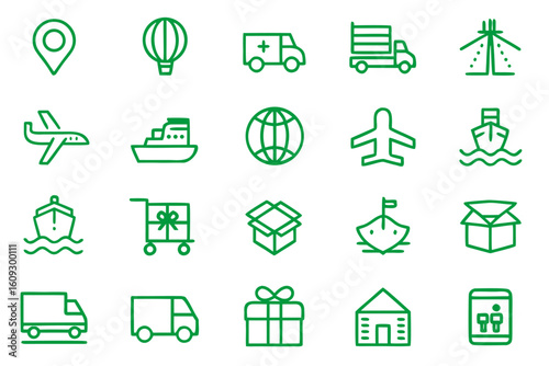Comprehensive collection of professional graphic symbols representing various aspects of shipping transportation and supply chain operations for business and communication needs