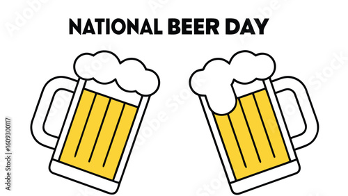 Two stylized beer mugs with frothy heads and yellow liquid drink beverage