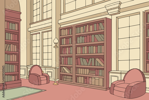 Cozy library interior with bookshelves and armchairs