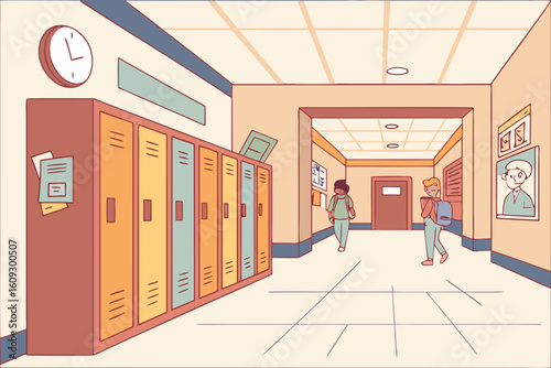 Students walking down a school hallway with lockers