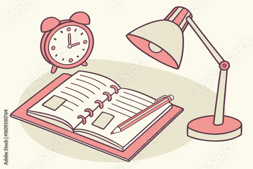 Desk setup with alarm clock notebook and desk lamp