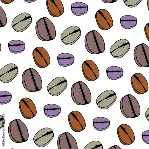 A playful seamless pattern featuring hand-drawn coffee beans in multiple colors including brown, purple, beige, and dark mauve. This doodle-style vector design is ideal for coffee shop branding, cafe 