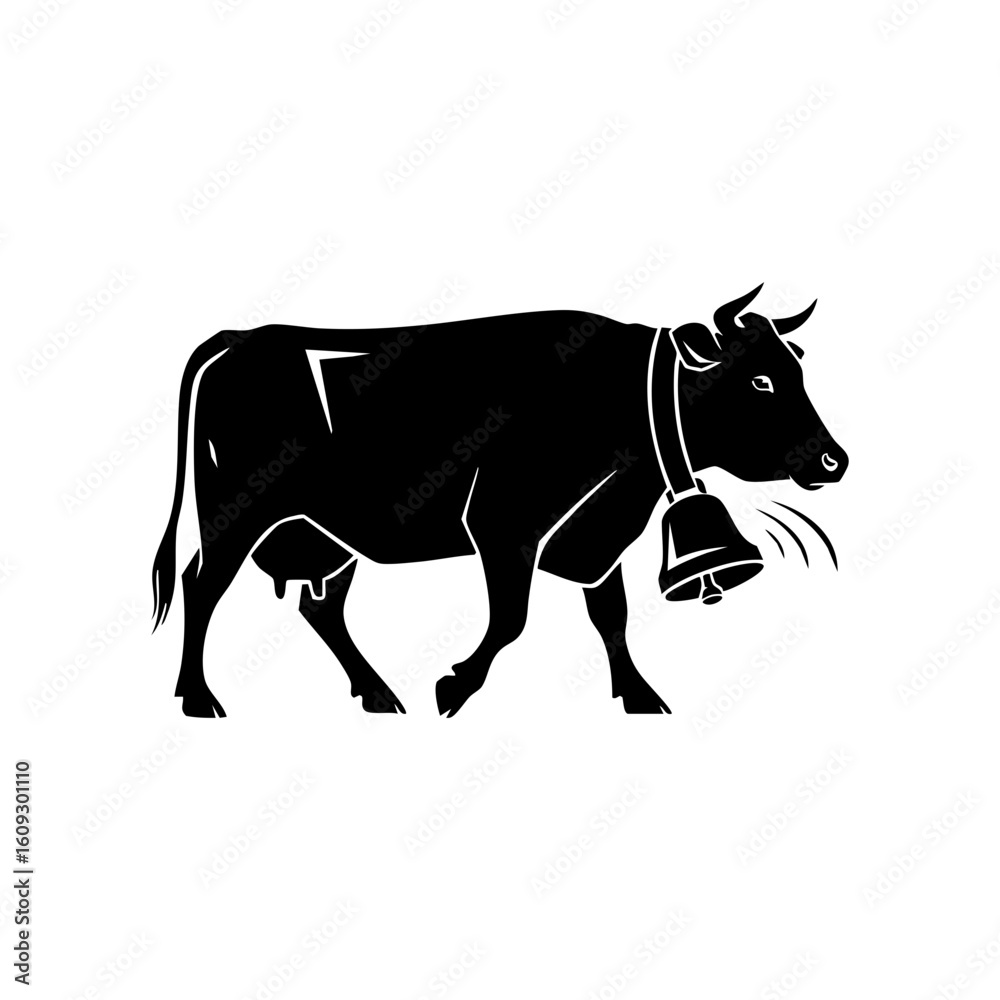 Fototapeta premium Black Cow Silhouette Vector with Bell Collar - Traditional Farm Animal Icon