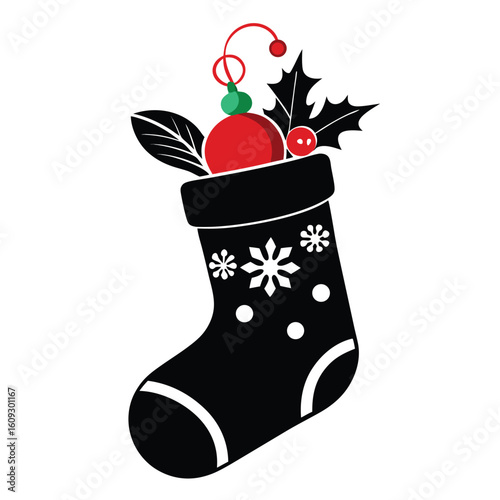  Black Christmas Stocking with Red Ornament and Holly AI Illustration