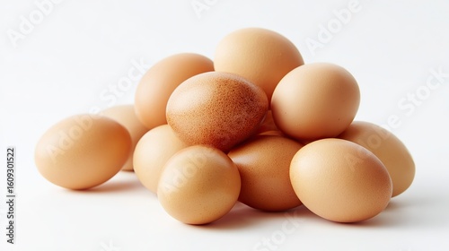 A pile of eggs on a white background, captured in high resolution with professional color grading, clean sharp focus, high-key lighting, and full details for clear visual presentation.