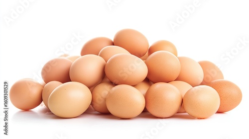 A pile of eggs on a white background, captured in high resolution with professional color grading, clean sharp focus, high-key lighting, and full details for clear visual presentation.