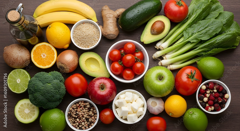 custom made wallpaper toronto digitalAssorted Fresh Fruits, Vegetables, and Healthy Ingredients on Wooden Table