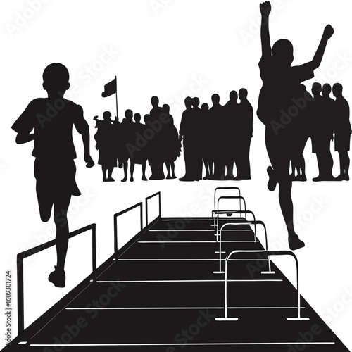 Silhouetted athletes compete in hurdles race with spectators in athletic event