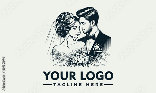 Romantic wedding logo featuring a bride and groom, elegantly sketched in black and white, with space for custom text.