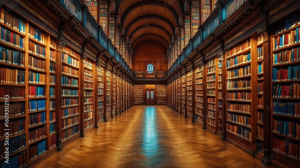 Fototapeta premium Library showcasing a variety of books in a grand wooden structure with elegant lighting, symbolizing the infinite search for knowledge