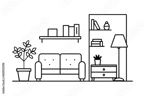 Cozy Living Room Interior With Furniture Shelves And Lamps