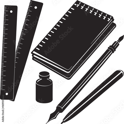 Black and white stationery silhouettes featuring rulers notepad pens and ink bottle