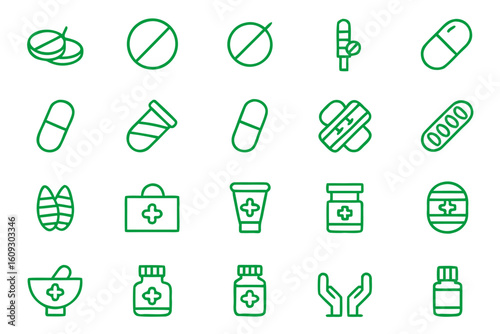 Collection of clean modern line art symbols representing various pharmaceutical and medical dosage forms for healthcare and wellness applications