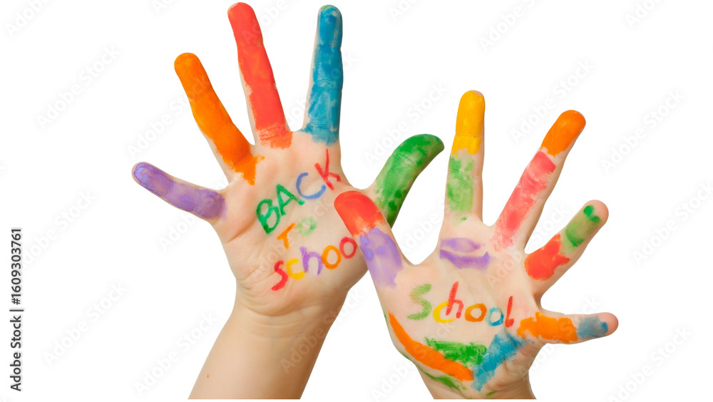 Fototapeta premium Colorful painted child hands with back to school text, messy finger paint on young palms, creative elementary education concept on white background