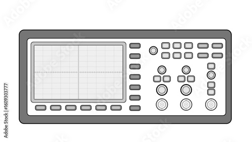 Line drawing showing an oscilloscope with a screen, control buttons, and BNC connections