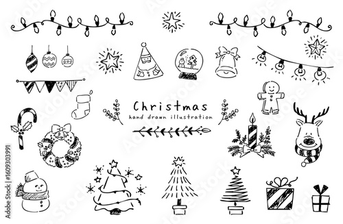 手描きのクリスマスイラストセット　モノクロ