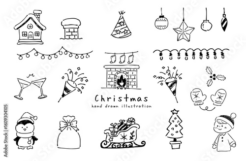 手描きのシンプルなクリスマスアイコンセット　モノクロ