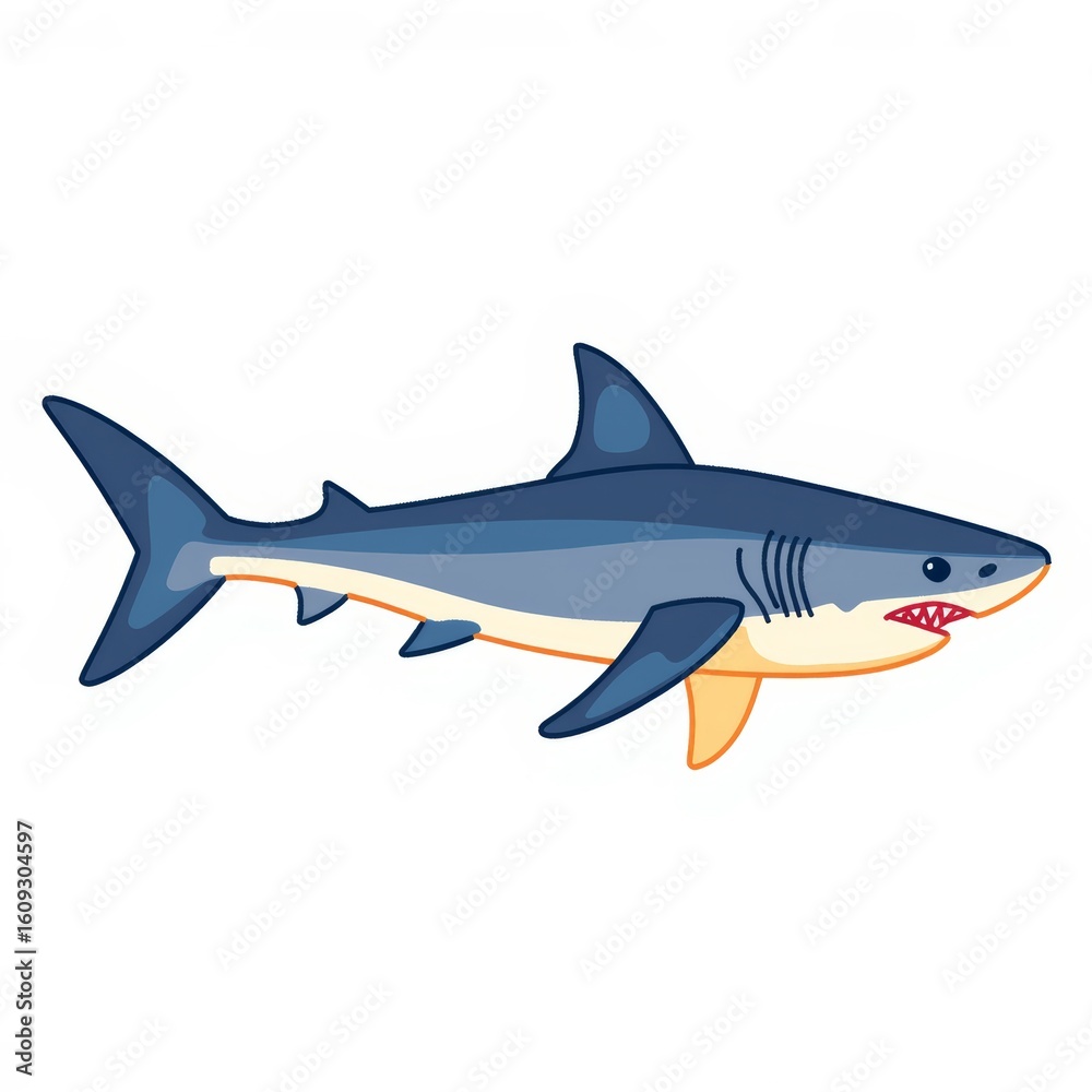 Obraz premium Cartoon shark swimming in the ocean with a friendly expression