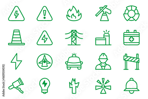 Comprehensive collection of emergency response symbols and graphics for safety and assistance applications featuring distinct alert elements in a professional design
