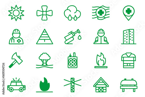 Comprehensive collection of emergency response symbols and graphics for urgent situations featuring a variety of safety and aid elements in striking colors
